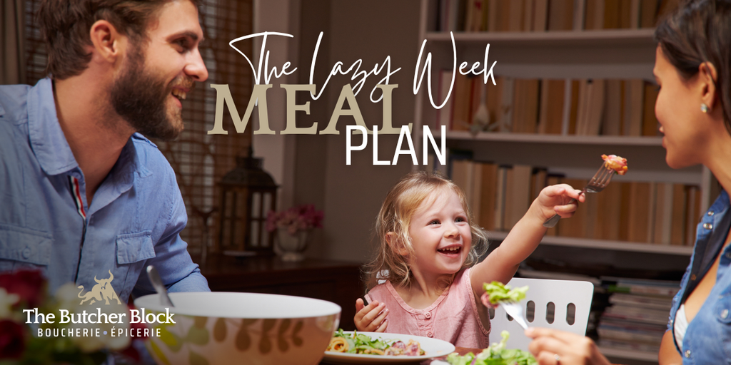 Family at a dining table with a focus on 'The Lazy Week Meal Plan' and 'The Butcher Block' branding.